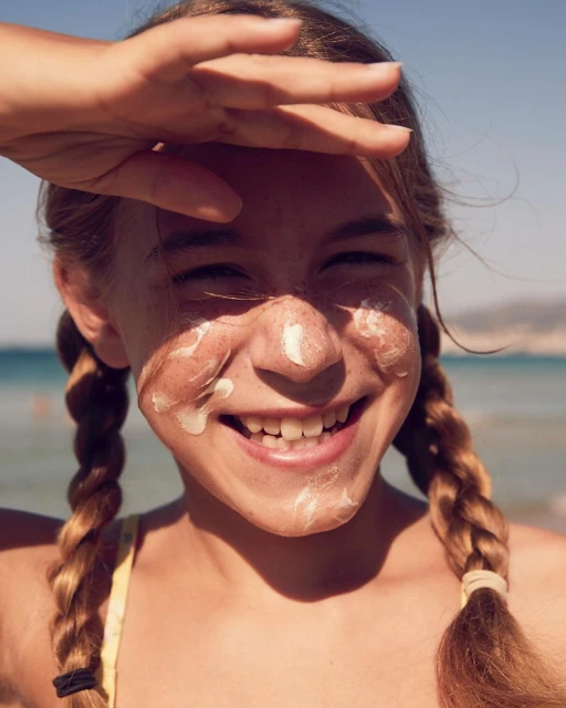 Smiling young girl at the beach shields her eyes with her hand. She has sunscreen on her face and pigtails.