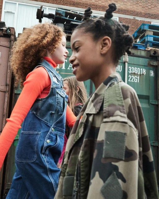 Three young girls outdoors wearing trendy outfits, including denim overalls and a camouflage jacket, stand near shipping containers.