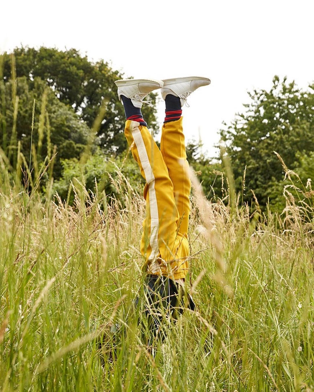 Person in yellow track pants, navy socks, and white sneakers doing a handstand in a grassy field with a tree-lined horizon on a sunny day.