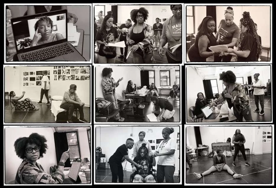 Black and white collage of people in various indoor settings, possibly a theatre group or rehearsals, featuring diverse individuals and activities.