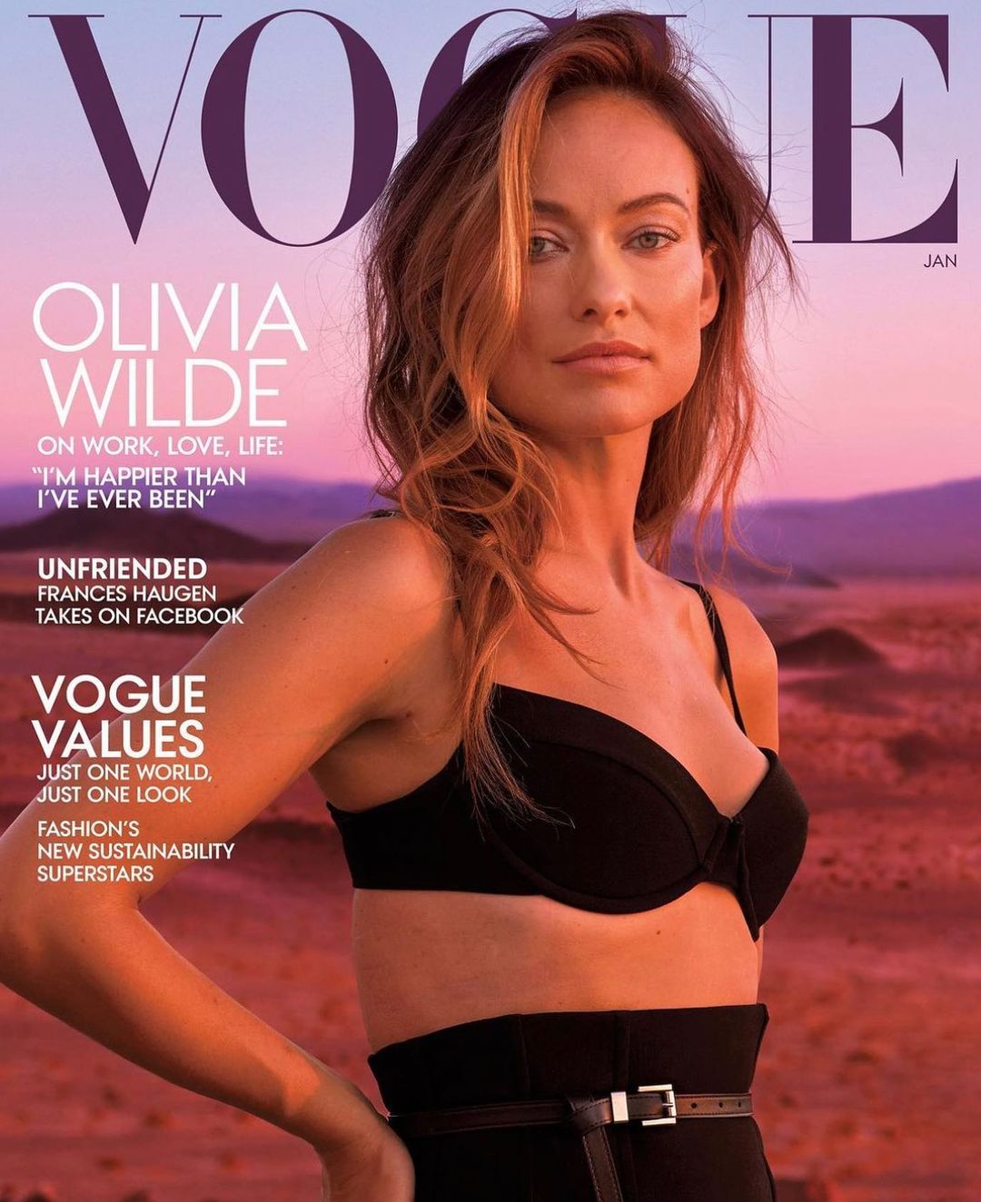 Vogue magazine cover featuring Olivia Wilde in a black bra top and skirt against a sunset and desert landscape in a portrait orientation.