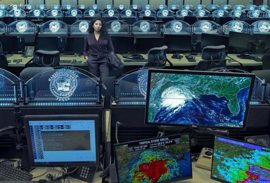 Woman stands in a control room with computer screens showing hurricane imagery, wearing a purple outfit and carrying a jacket.