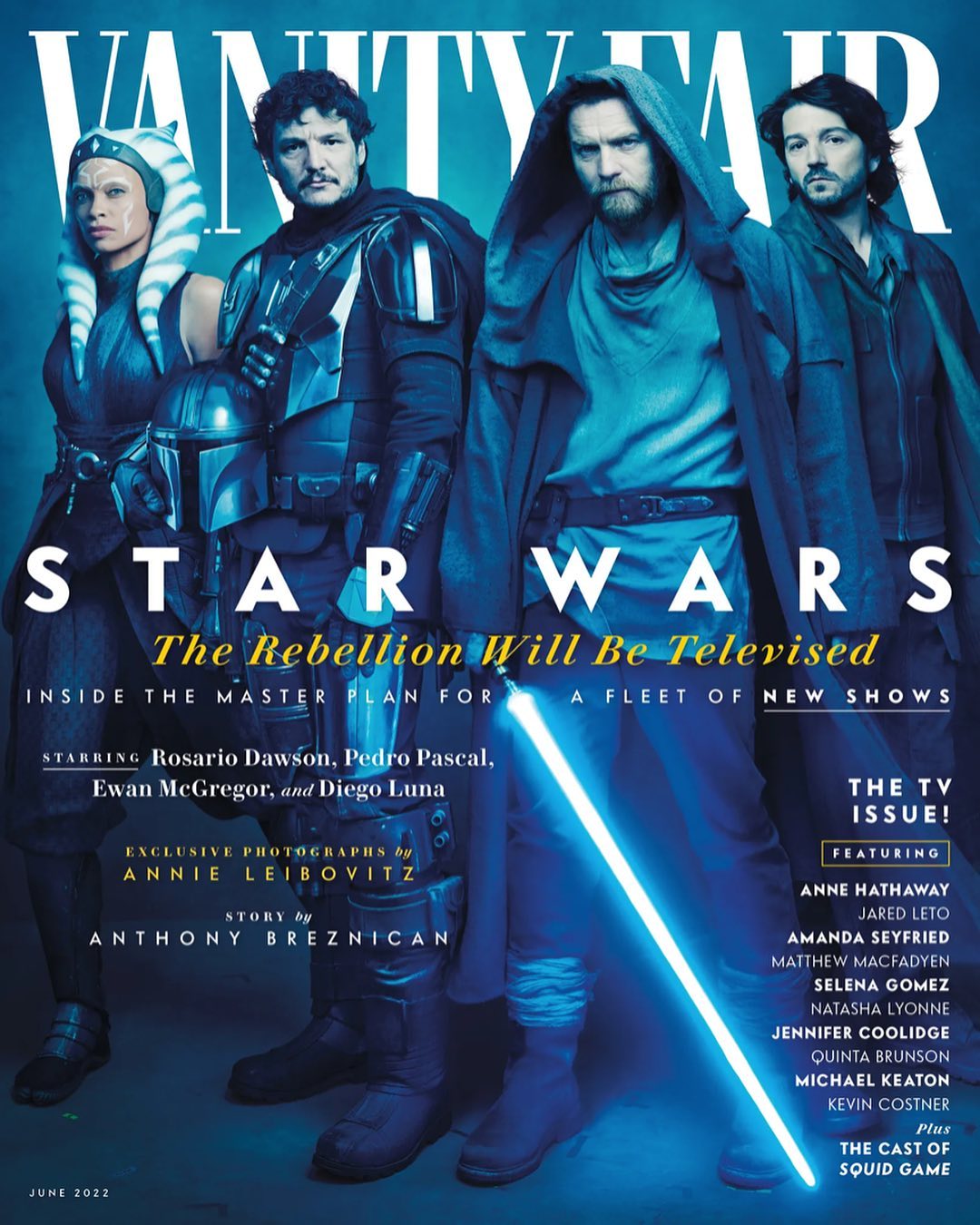 Vanity Fair magazine cover featuring Rosario Dawson, Pedro Pascal, Ewan McGregor, and Diego Luna, cast members from Star Wars series.