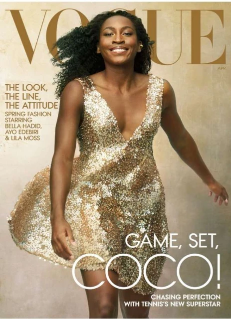 Venus Williams featured on the cover of Vogue magazine wearing a sparkling gold dress smiling. The cover promotes tennis superstar.