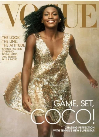Venus Williams featured on the cover of Vogue magazine wearing a sparkling gold dress smiling. The cover promotes tennis superstar.