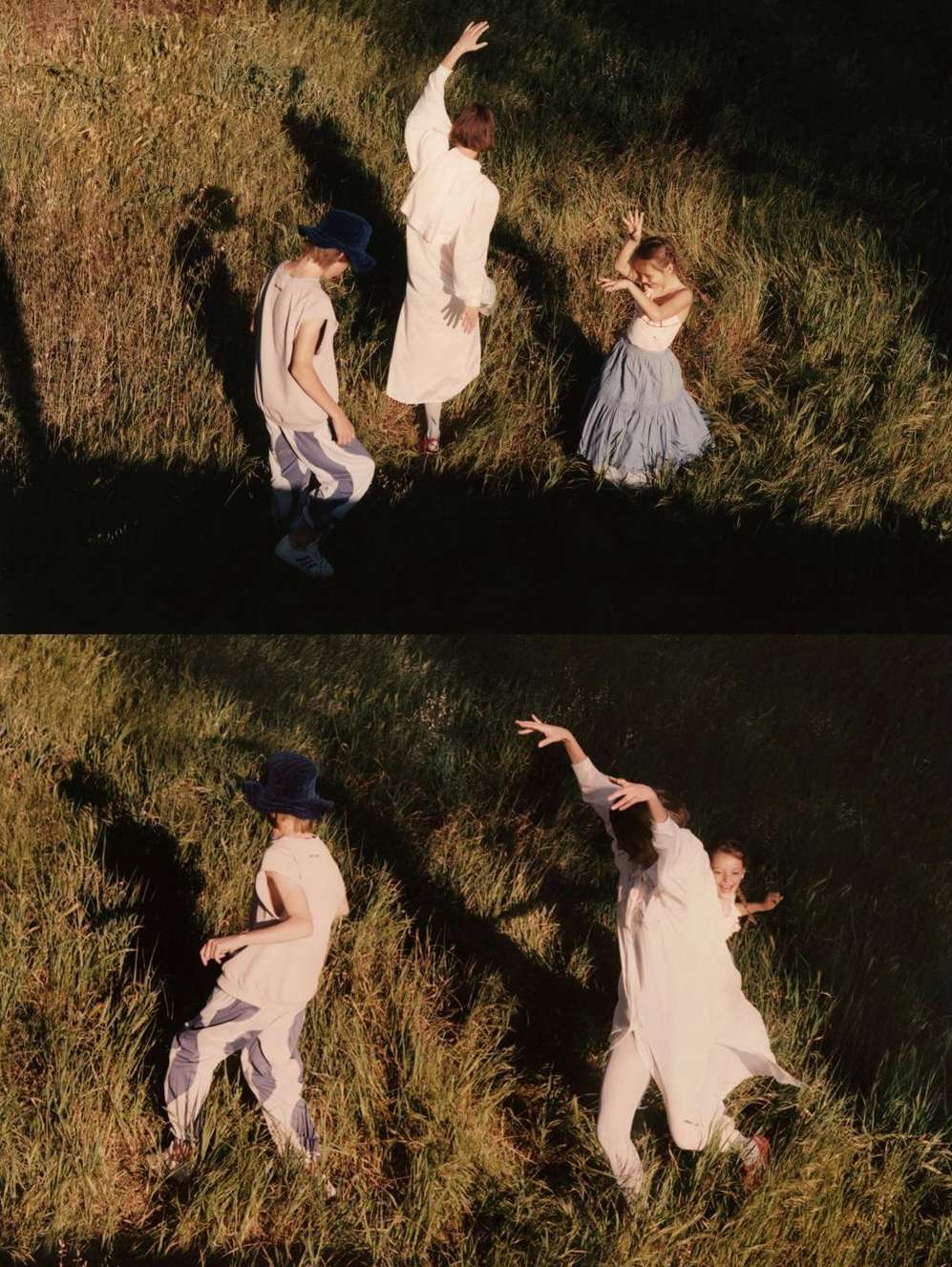 Split frame photograph of three people dancing in tall green grass bathed in warm golden hour sunlight.