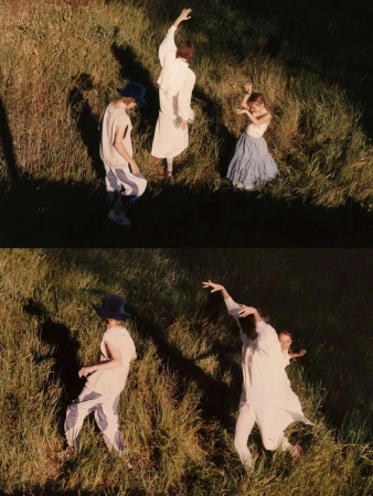 Split frame photograph of three people dancing in tall green grass bathed in warm golden hour sunlight.