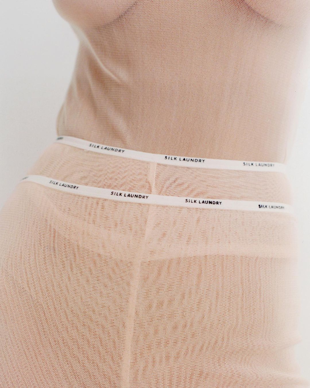 Close-up studio shot of an adult female wearing a sheer top and bottoms from Silk Laundry, set against a neutral background.
