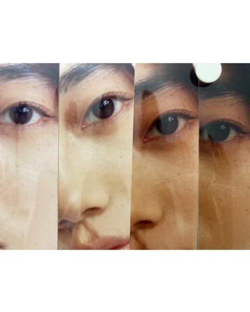 Close-up collage of an Asian woman's eye and nose, showcasing skincare results with clear skin and minimal makeup, lit softly in a beauty context.