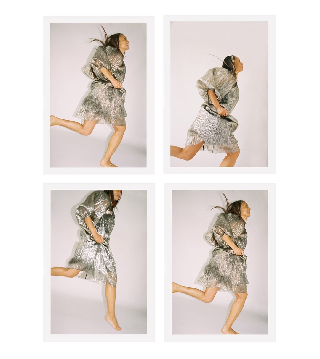 Collage of a slender woman in a silver dress and bare feet jumping on a white background, hair floating behind her.