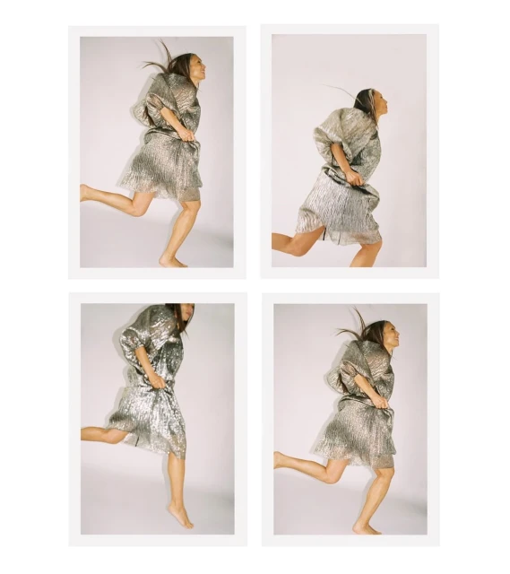 Collage of a slender woman in a silver dress and bare feet jumping on a white background, hair floating behind her.