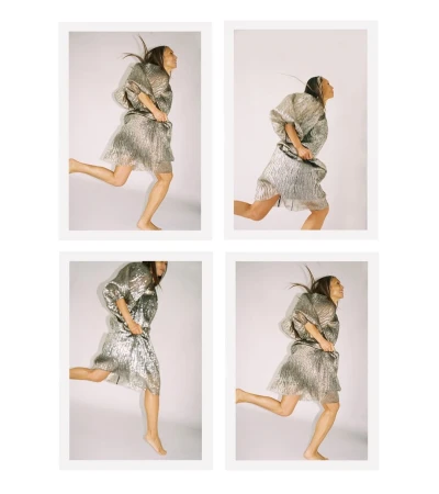 Collage of a slender woman in a silver dress and bare feet jumping on a white background, hair floating behind her.
