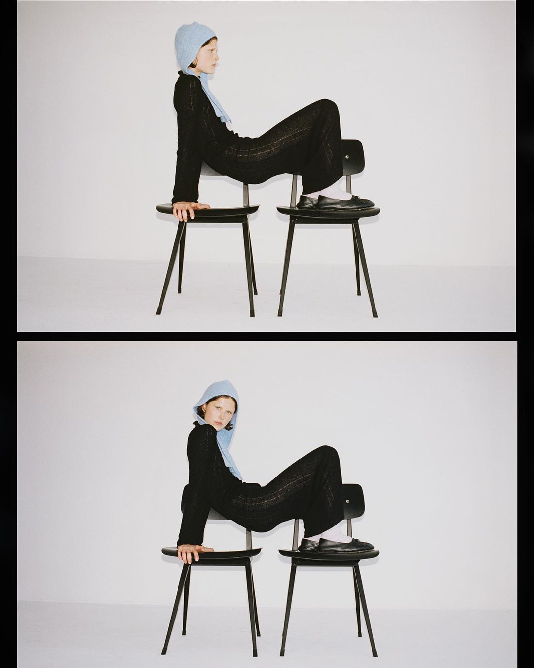 Adult female in a black knit outfit and light blue bonnet sits on two black chairs in a bright studio with a minimalist aesthetic.