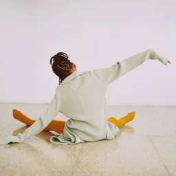 Person with braided hair wearing a light green sweater and mustard tights stretching on a tiled floor, photographed by Anouk Nitsche.