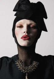 Model wearing a black bow headpiece, fishnet hood, and statement necklace by photographer Ansgar Sollmann.