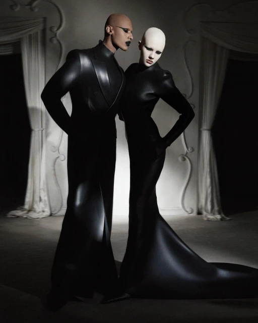 Two bald fashion models in matching black gowns pose in a studio with ornate white molding and soft lighting, evoking avant-garde style.