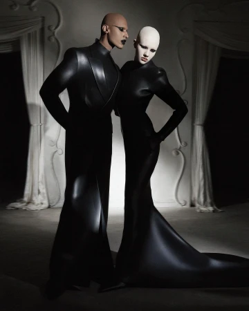 Two bald fashion models in matching black gowns pose in a studio with ornate white molding and soft lighting, evoking avant-garde style.