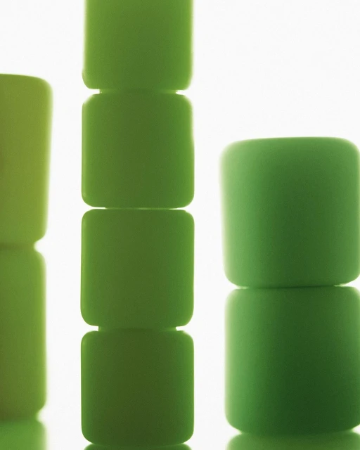 Close-up studio shot of stacked green cube shapes on a reflective surface, showcasing color and form against a white background.