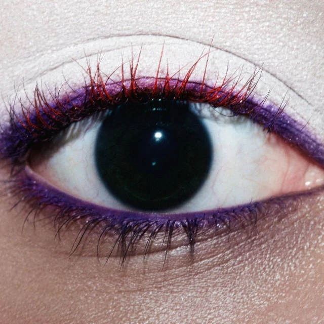 Close-up of a human eye with red and black eyelashes, purple eyeliner, and light skin, capturing beauty and cosmetic details.