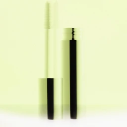 Close-up of a mascara tube with a wand pulled out against a pale yellow background, shot by photographer Anthony Arquier in Paris.
