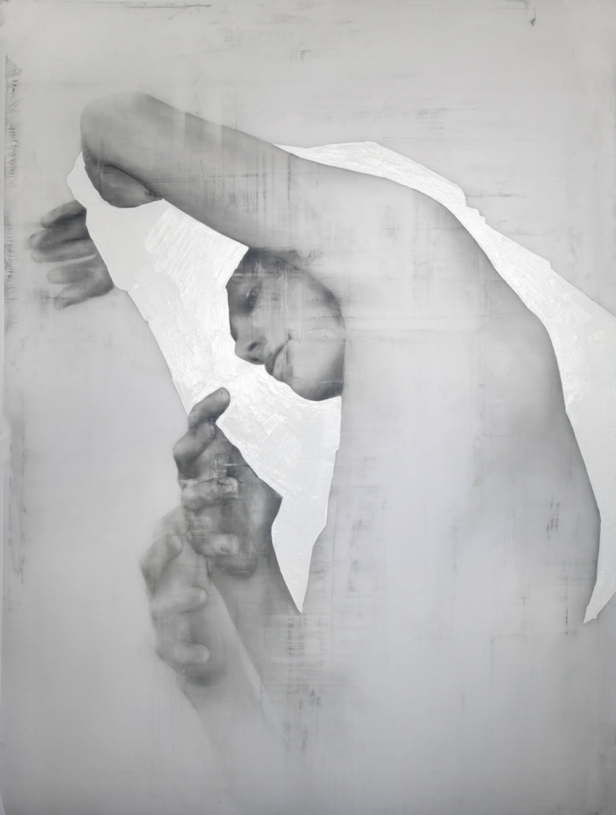Artistic black and white portrait of a nude adult male with arms raised, rendered in a soft, textured, almost ethereal style.