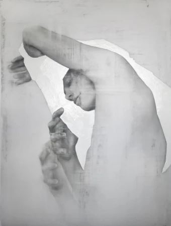 Artistic black and white portrait of a nude adult male with arms raised, rendered in a soft, textured, almost ethereal style.