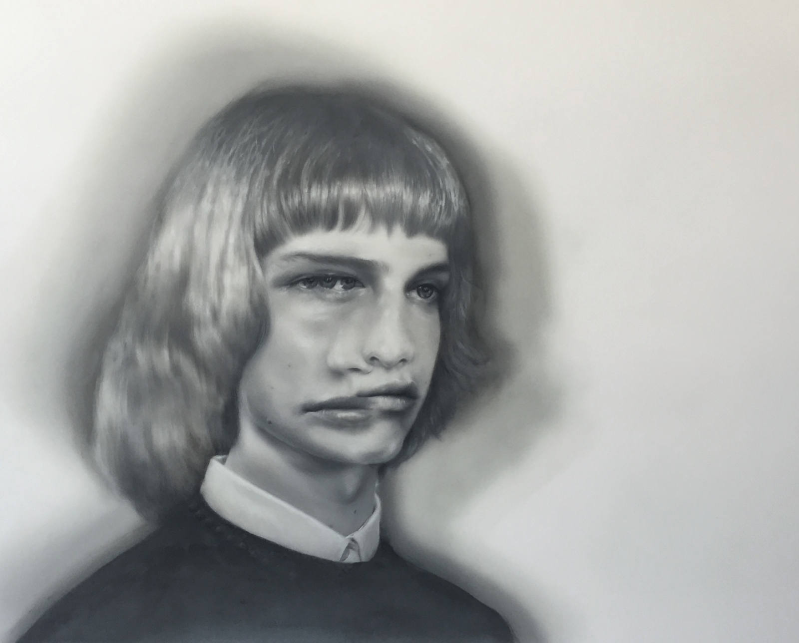 Monochromatic painting of a young adult with bob haircut wearing a dark shirt and white collared shirt, against a soft white background.
