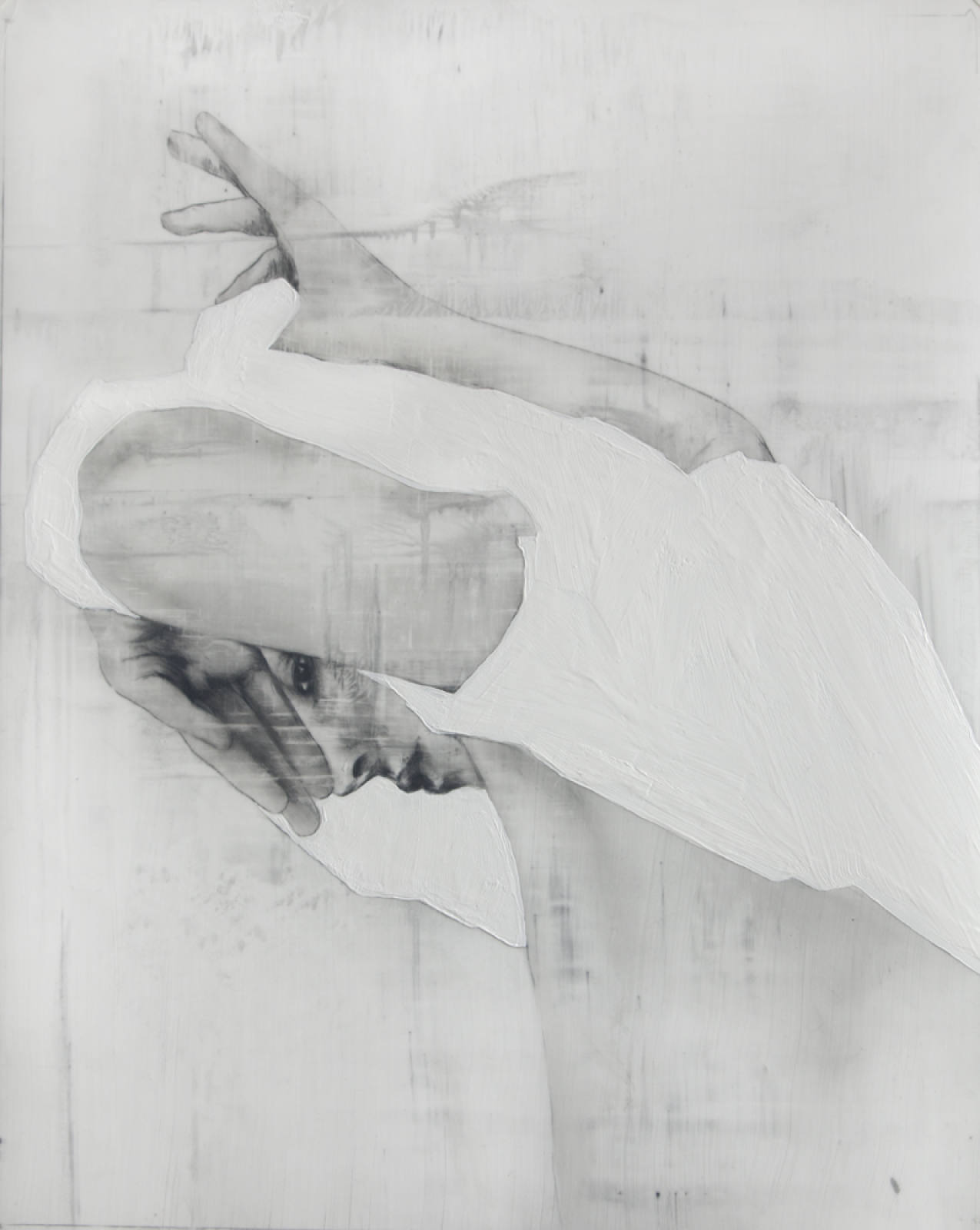 Monochrome art features a face in profile cradled by blurred hands against a textured background, showcasing a blend of detail and abstraction.