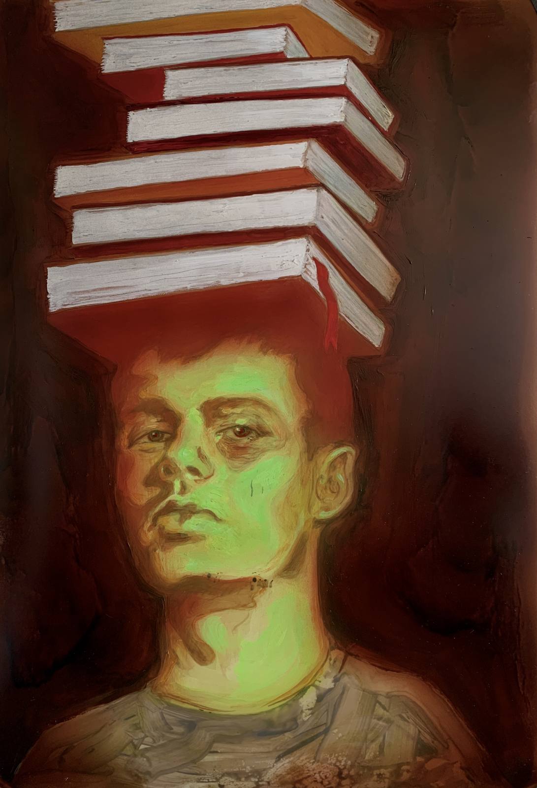 Illustration shows a young man with a stack of books on his head. The portrait-style artwork features a warm color palette and dramatic lighting.