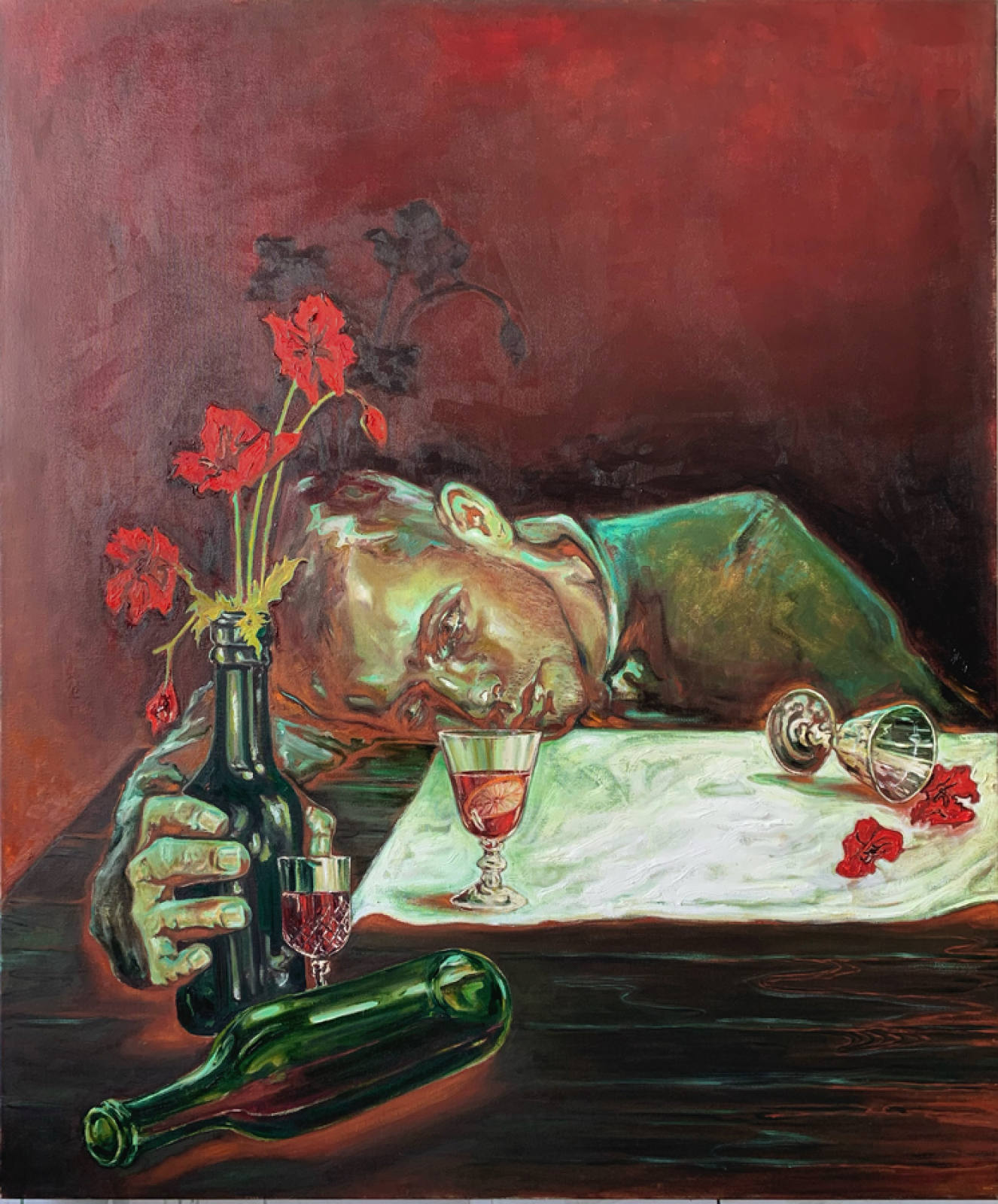Painting depicting a person lying on a table with wine bottles and red flowers in a dark, moody setting with a spilled wine glass.