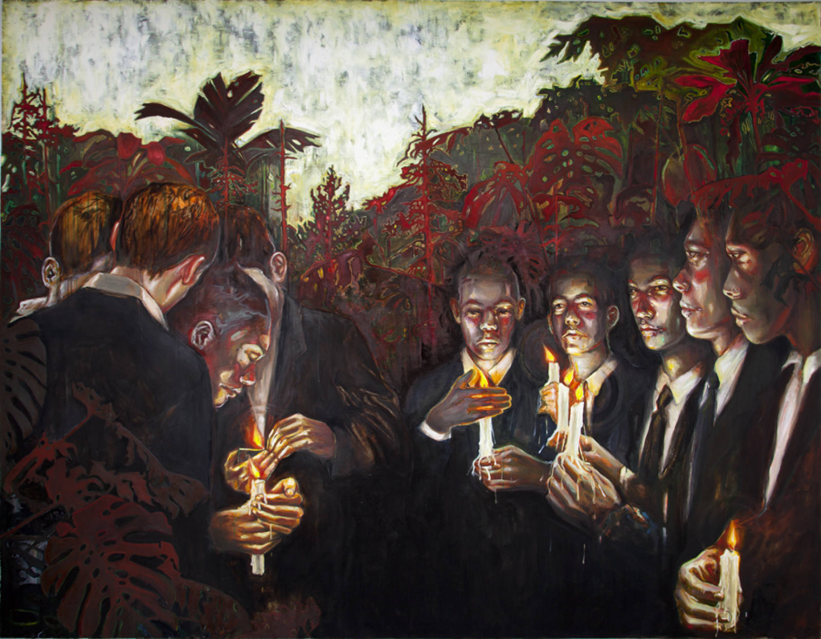 An oil painting shows a group of young men dressed in suits holding lit candles in a dark, outdoor setting with jungle foliage in the background.