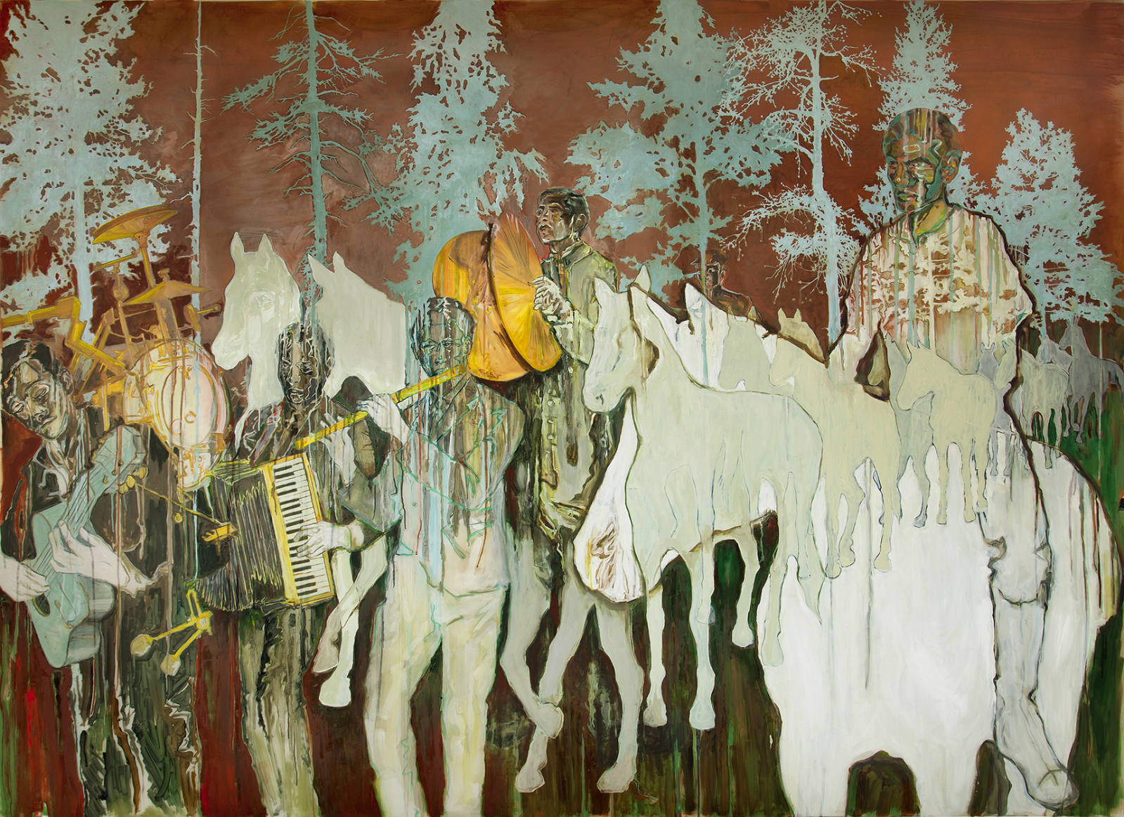 Art painting featuring musicians playing instruments on horseback in forest with warm color palette, expressive brushstrokes, and unique style.
