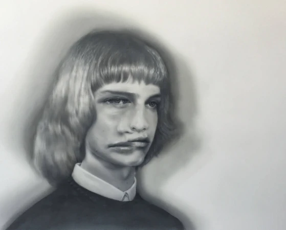Monochromatic surrealist portrait drawing of a person with fringe haircut and collared shirt featuring distorted duplicate facial features.