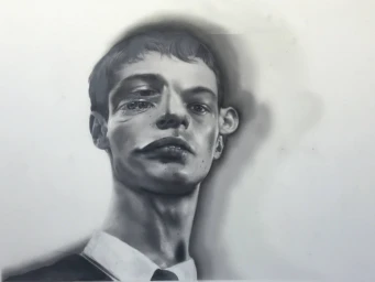 Monochrome illustration of a young man with surreal facial features wearing a white collared shirt and dark tie.