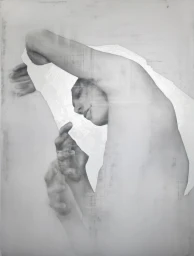 Monochrome illustration of a figure raising arms with layered white paper elements by Anthony Goicolea