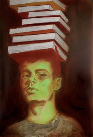 Surreal portrait painting of a young man with a tall stack of hardcover books balanced on his head against a dark reddish-brown background.
