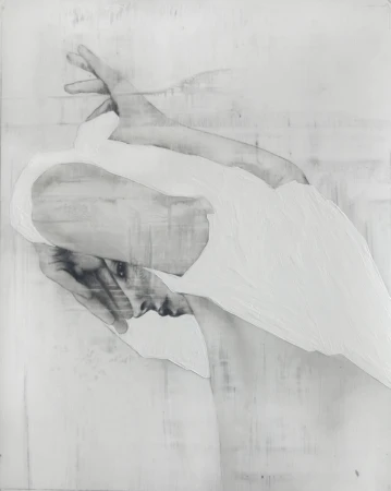 Monochromatic mixed-media artwork of a figure with raised arms partially obscured by an opaque white layered shape.