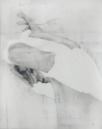 Monochromatic mixed-media artwork of a figure with raised arms partially obscured by an opaque white layered shape.