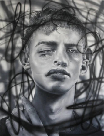 Monochrome surreal portrait illustration of a young man with duplicated facial features overlaid with black looping scribble lines.