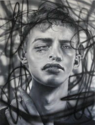 Monochrome surreal portrait illustration of a young man with duplicated facial features overlaid with black looping scribble lines.