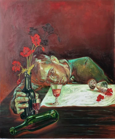 An oil painting of a figure slumped over a table beside wine bottles, a glass, red flowers, and a metallic goblet.