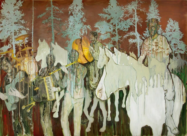 Layered expressive painting of musicians playing instruments alongside ghostly white horse silhouettes in a forest setting.