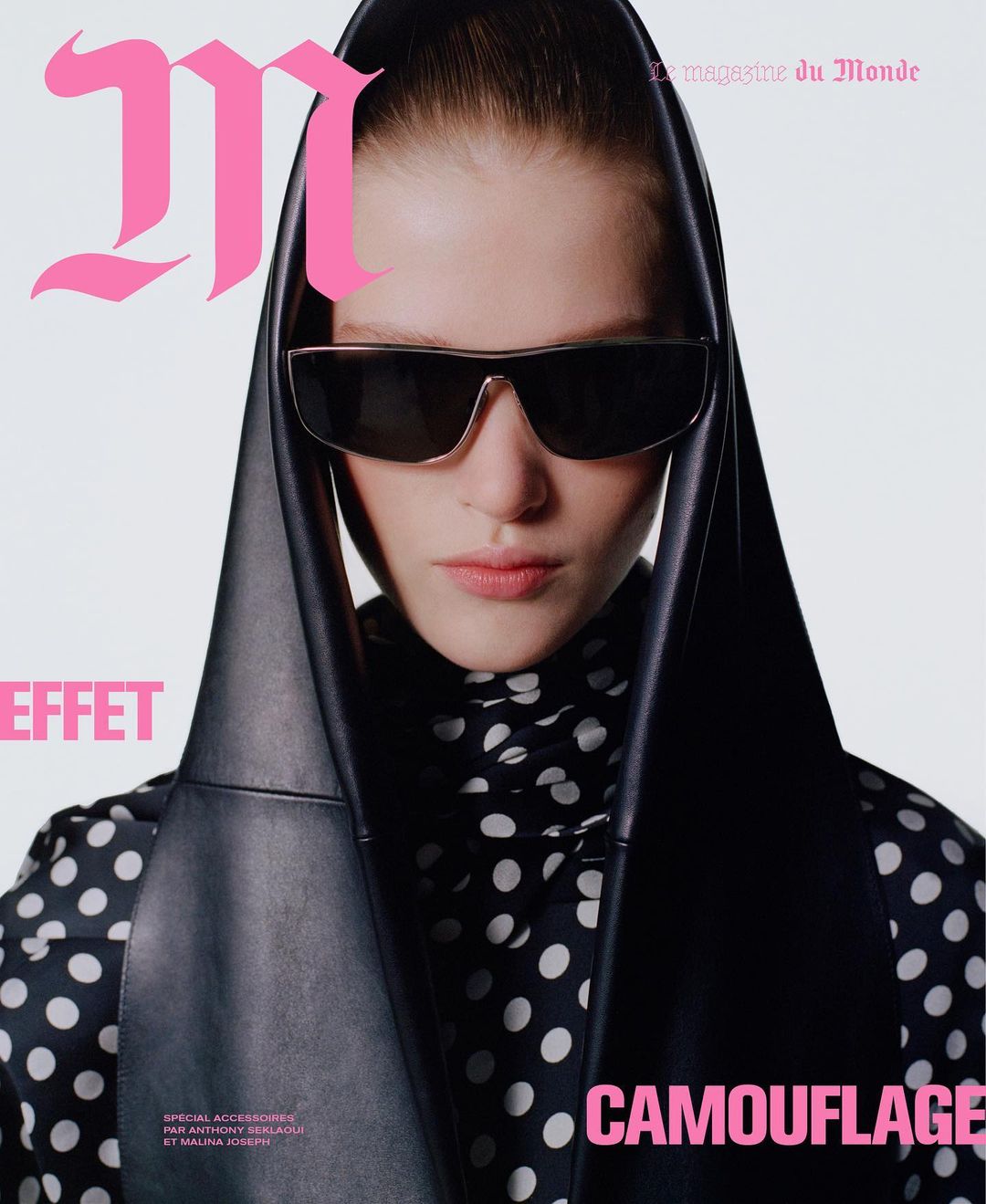 Magazine cover featuring a woman with sunglasses and a hood, wearing a polka dot top, with pink text reading 'EFFET' and 'CAMOUFLAGE'.