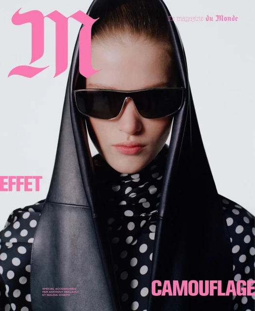 Magazine cover featuring a woman with sunglasses and a hood, wearing a polka dot top, with pink text reading 'EFFET' and 'CAMOUFLAGE'.