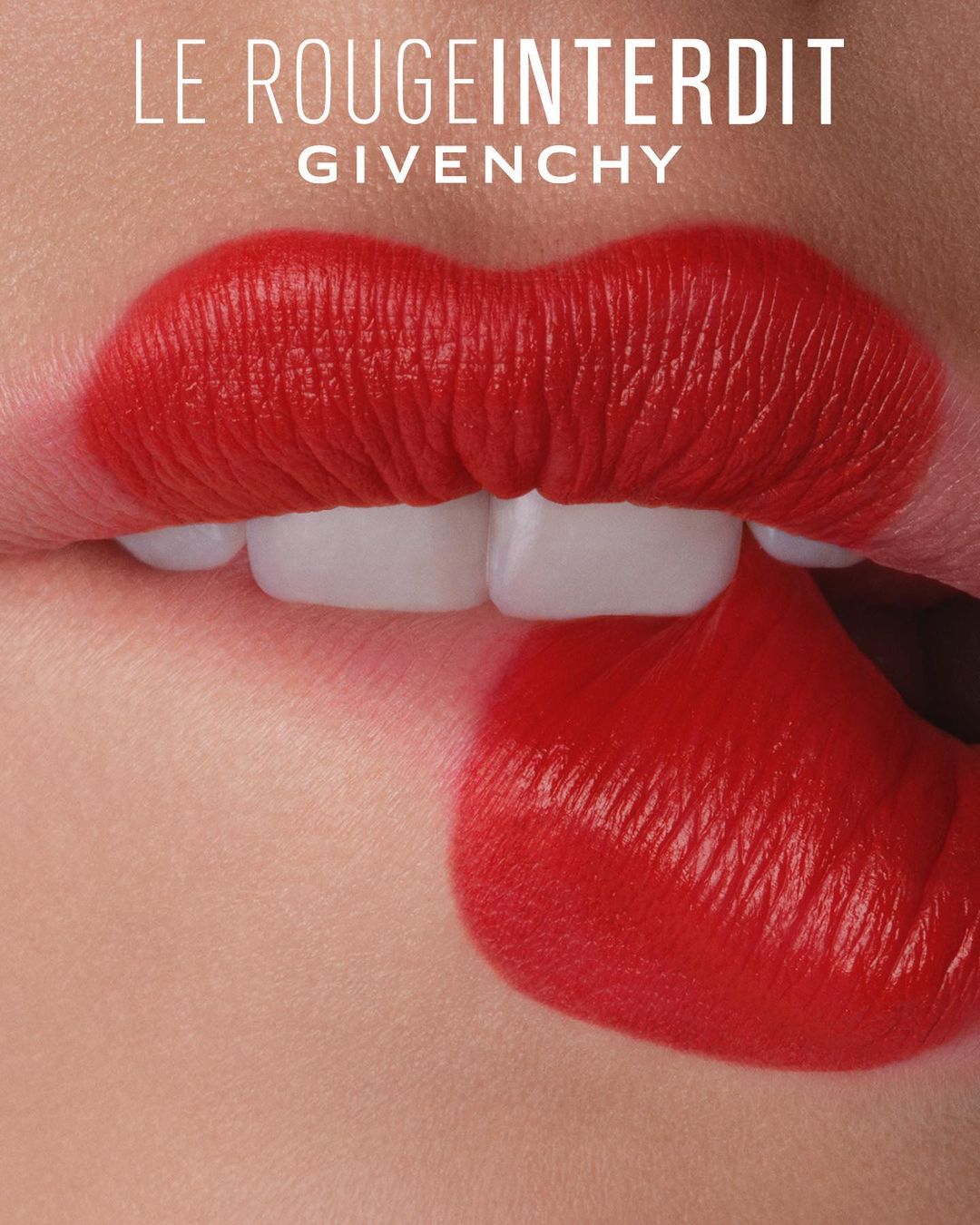 Close-up of a woman's face featuring red lipstick on her lips, with text overlay of 'LE ROUGEINTERDIT GIVENCHY' above lips.