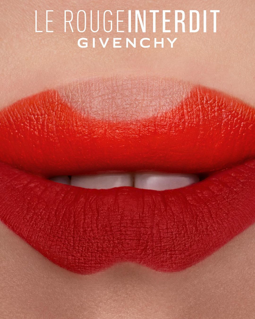 Close-up of bright red lipstick on lips, showcasing a cosmetic product with clean and detailed makeup for beauty advertising.