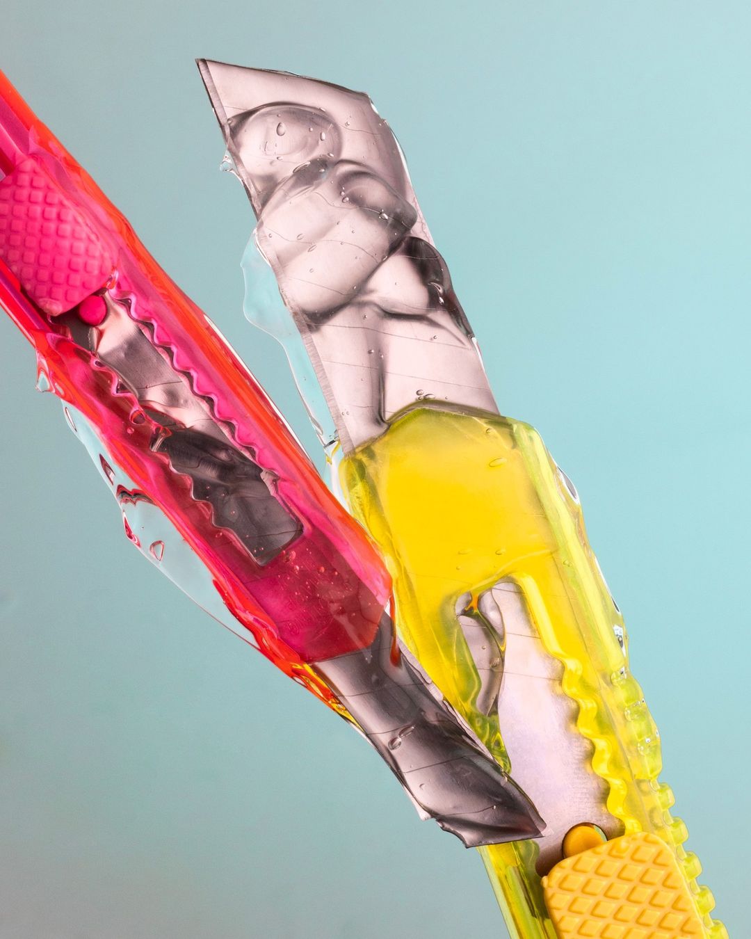 A close-up studio shot features a pink box cutter overlapping a yellow box cutter against a soft teal backdrop, highlighting their textures.