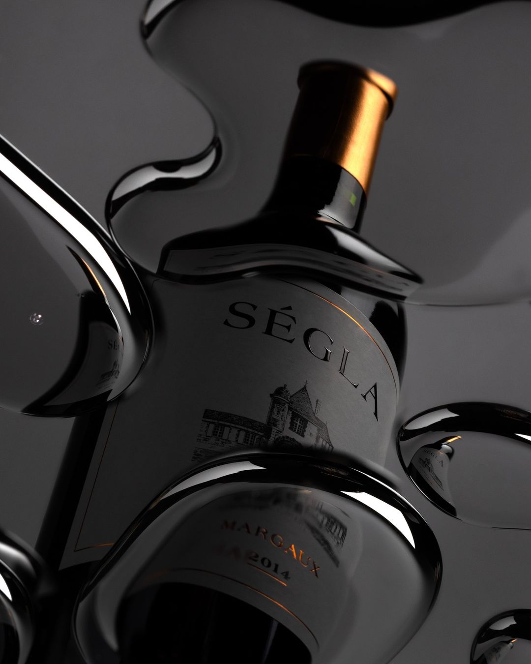 Close-up studio shot of a dark wine bottle with a gold neck against a gradient gray background, surrounded by reflective, liquid-like shapes.