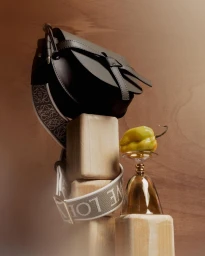 A dark green leather handbag with a patterned strap balanced on wooden blocks next to a pepper on a glass, by Antinomia