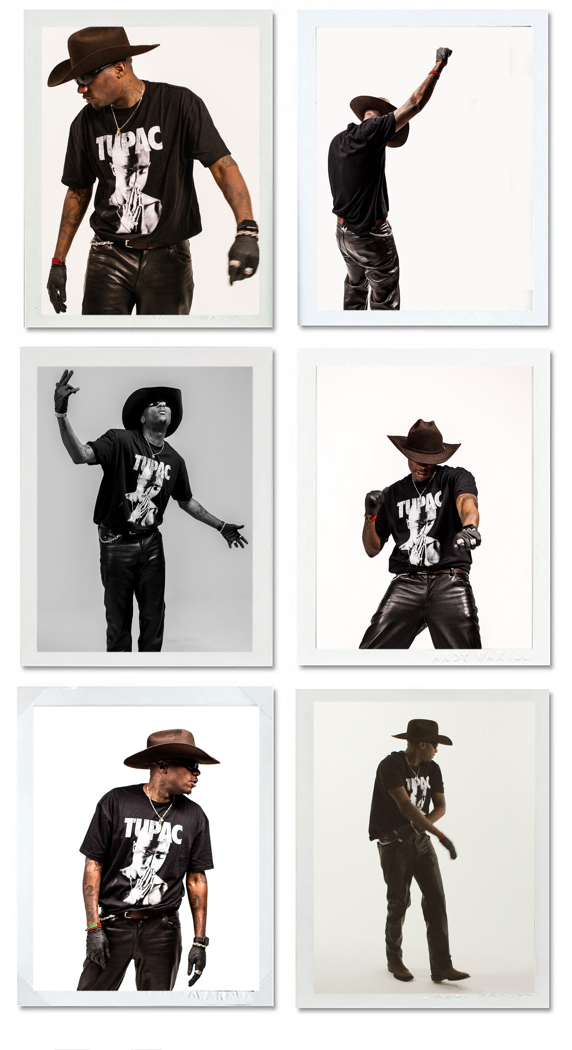 Six framed studio portraits show a man in a black Tupac T-shirt, hat, gloves, and leather pants posing against a white background.